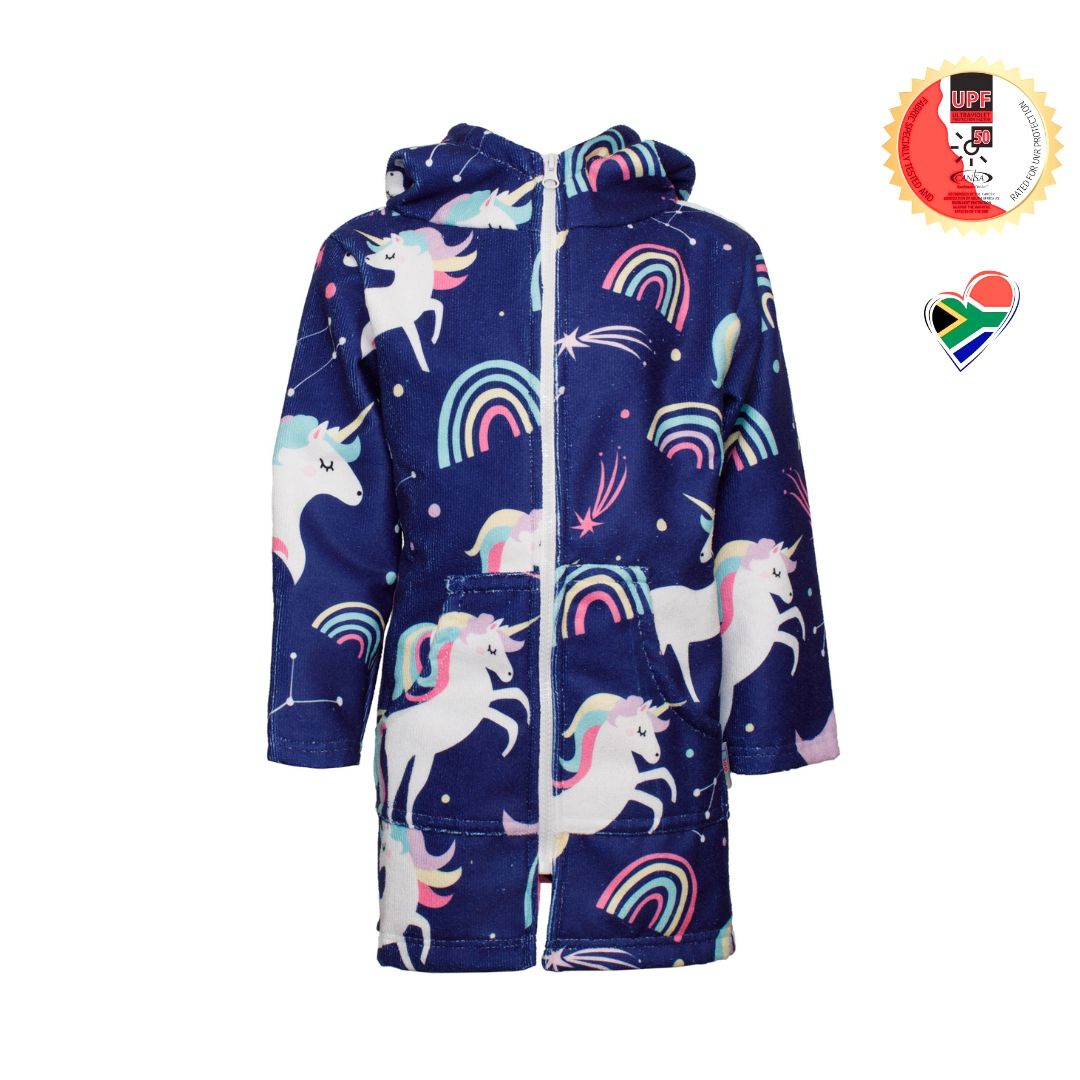 Girls Unicorns Hooded Towel. Beach accessory. Hoodie to cover head. Long Sleeves. Front Zip & Pockets. UPF50+ Certified