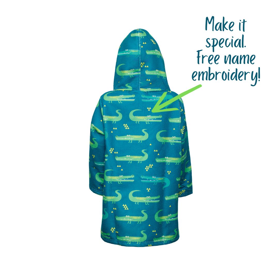 Boys Crocodiles Hooded Towel. Beach accessory. Hoodie to cover head. Long Sleeves. Front Zip & Pockets. UPF50+ Certified