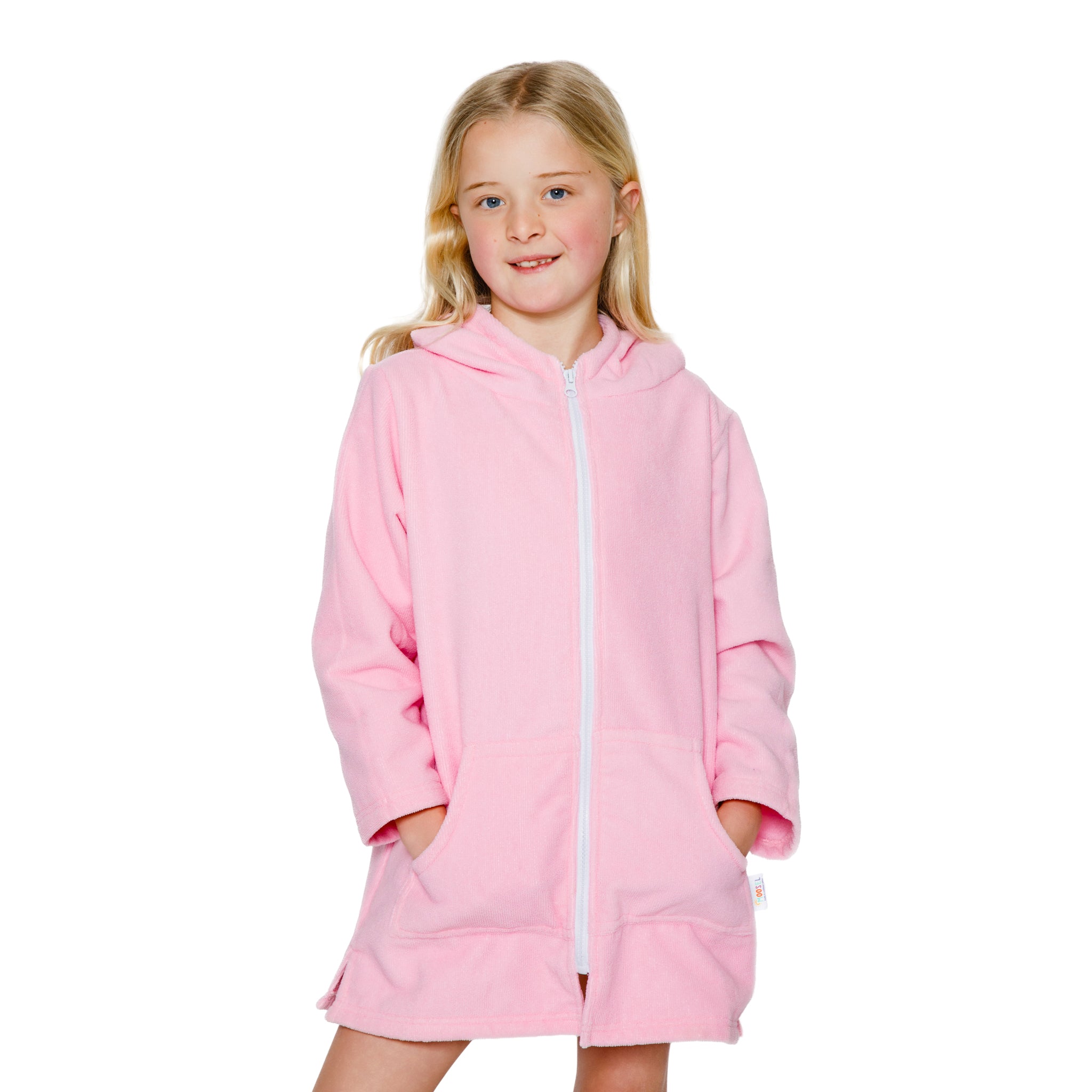 Girls Pink Hooded Towel. Beach accessory. Hoodie to cover head. Long Sleeves. Front Zip & Pockets. UPF50+ Certified