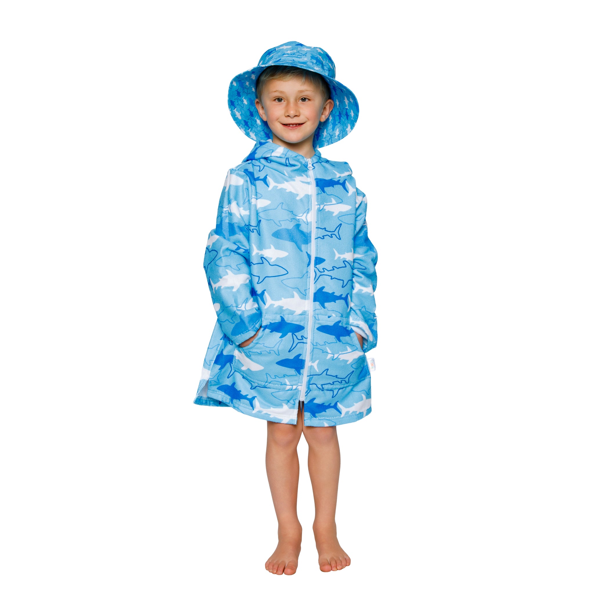 Boys Blue Shark Hooded Towel | Full Zip, Long Sleeve
