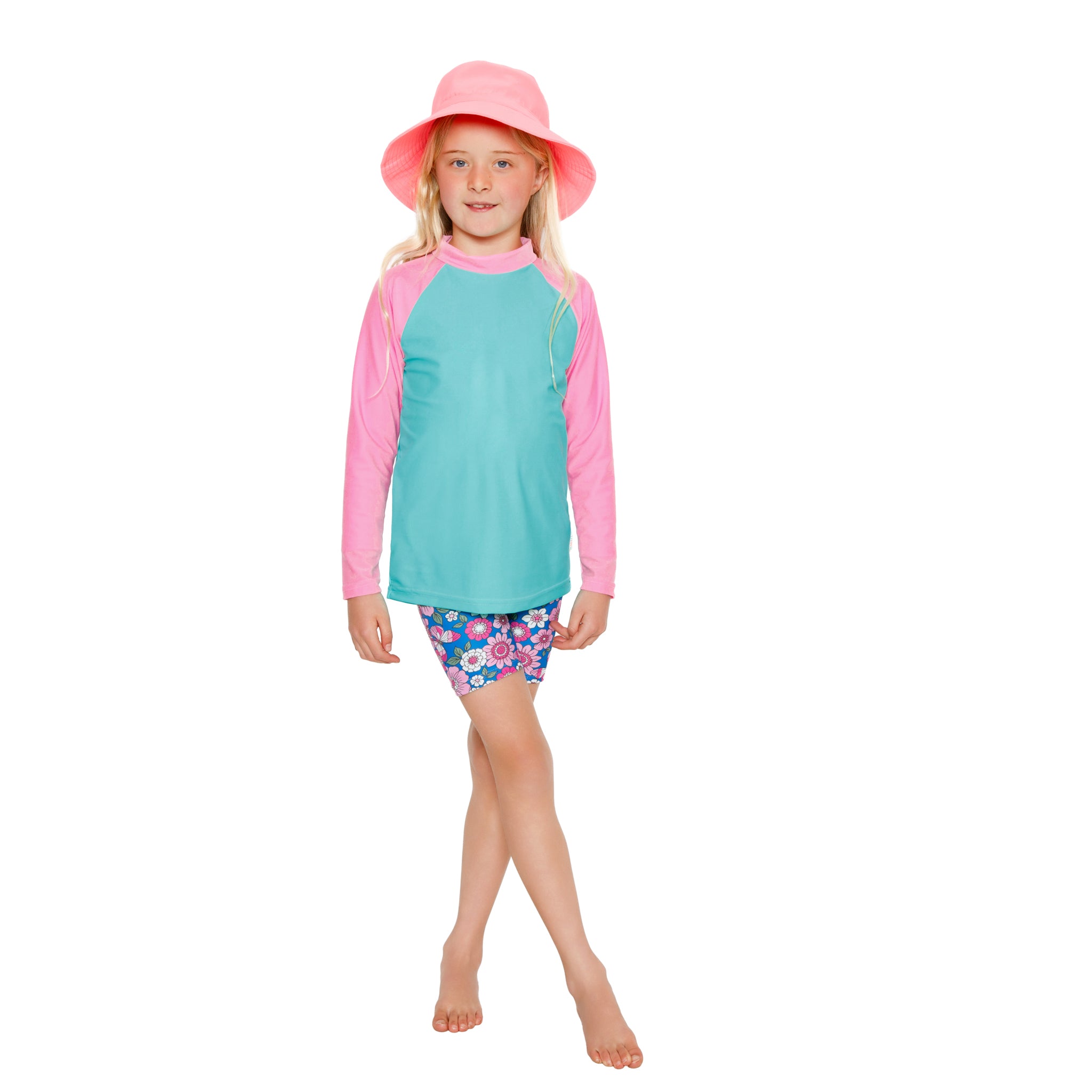 Girls Pink Green Swim Rash Vest | Long Sleeve, High Neck