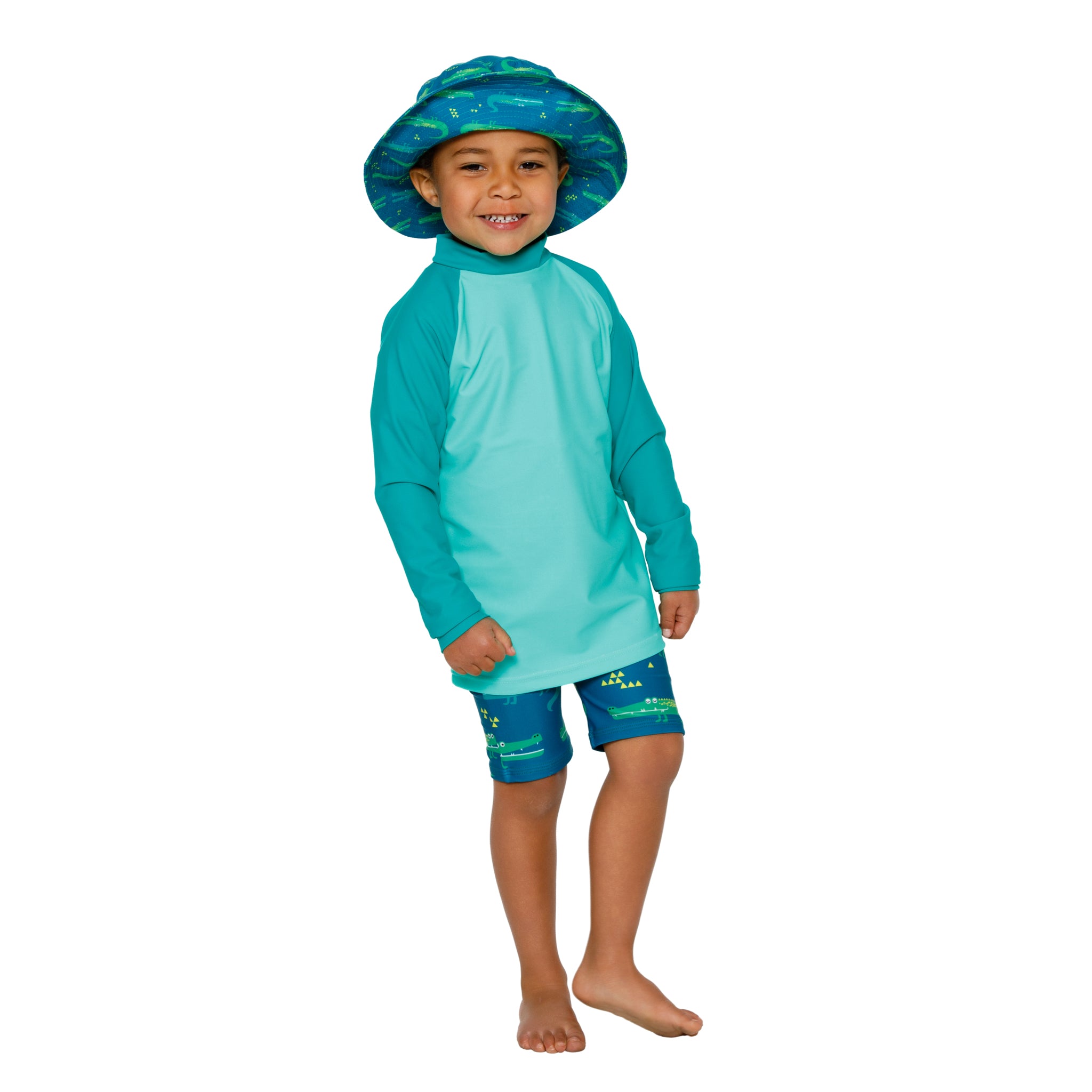 Boys Green Blue Swim Rash Vest | Long Sleeve, High Neck