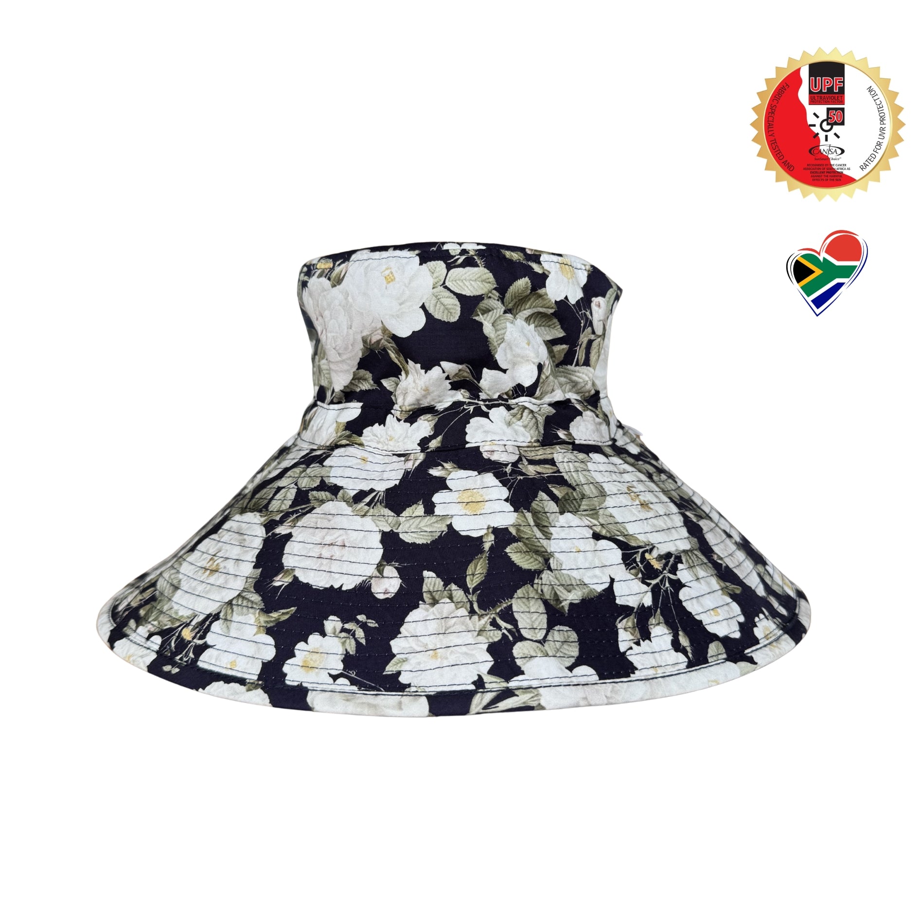 Ladies Navy Floral + White Roses |Ultra Wide Brim Bucket Hat