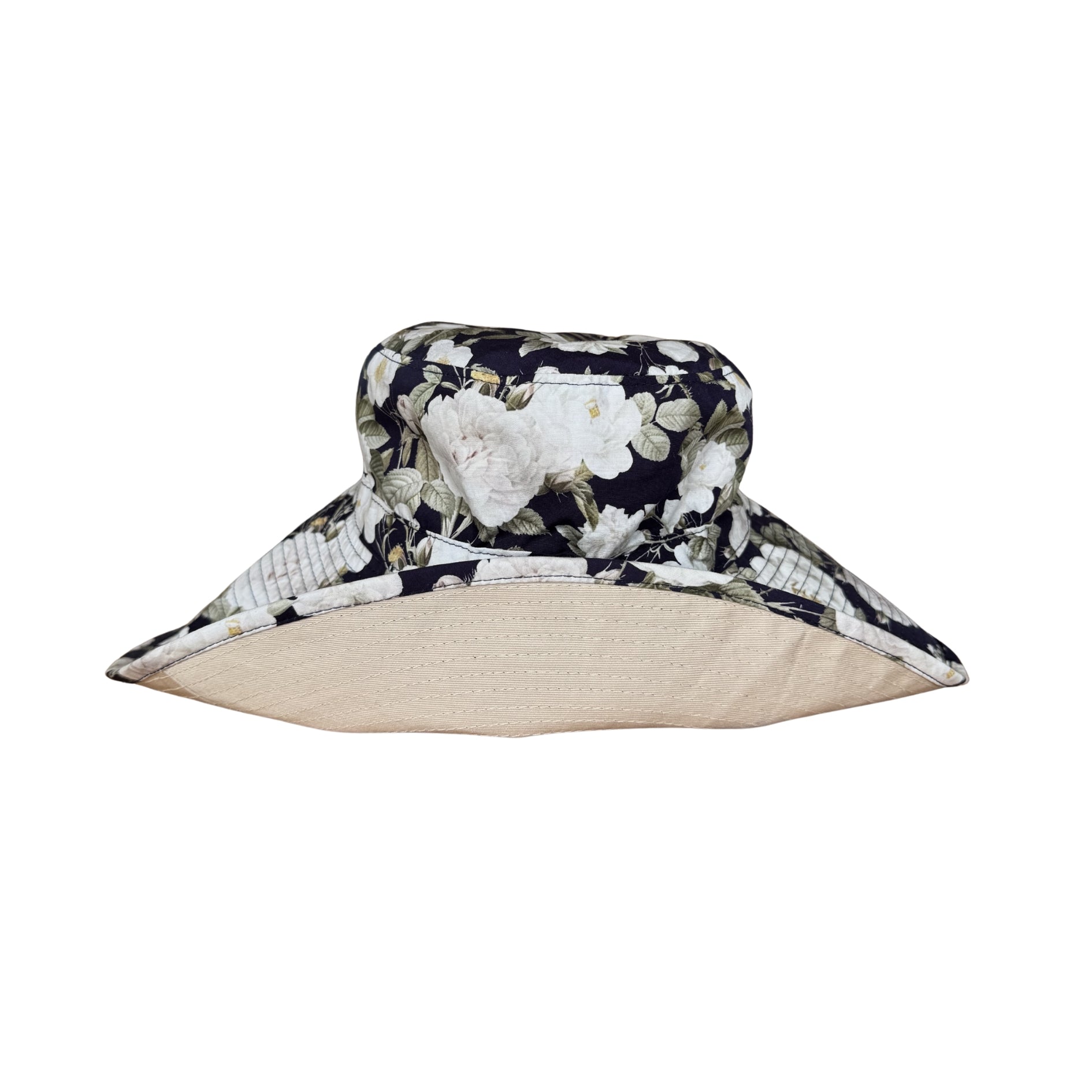 Ladies Navy Floral + White Roses |Ultra Wide Brim Bucket Hat