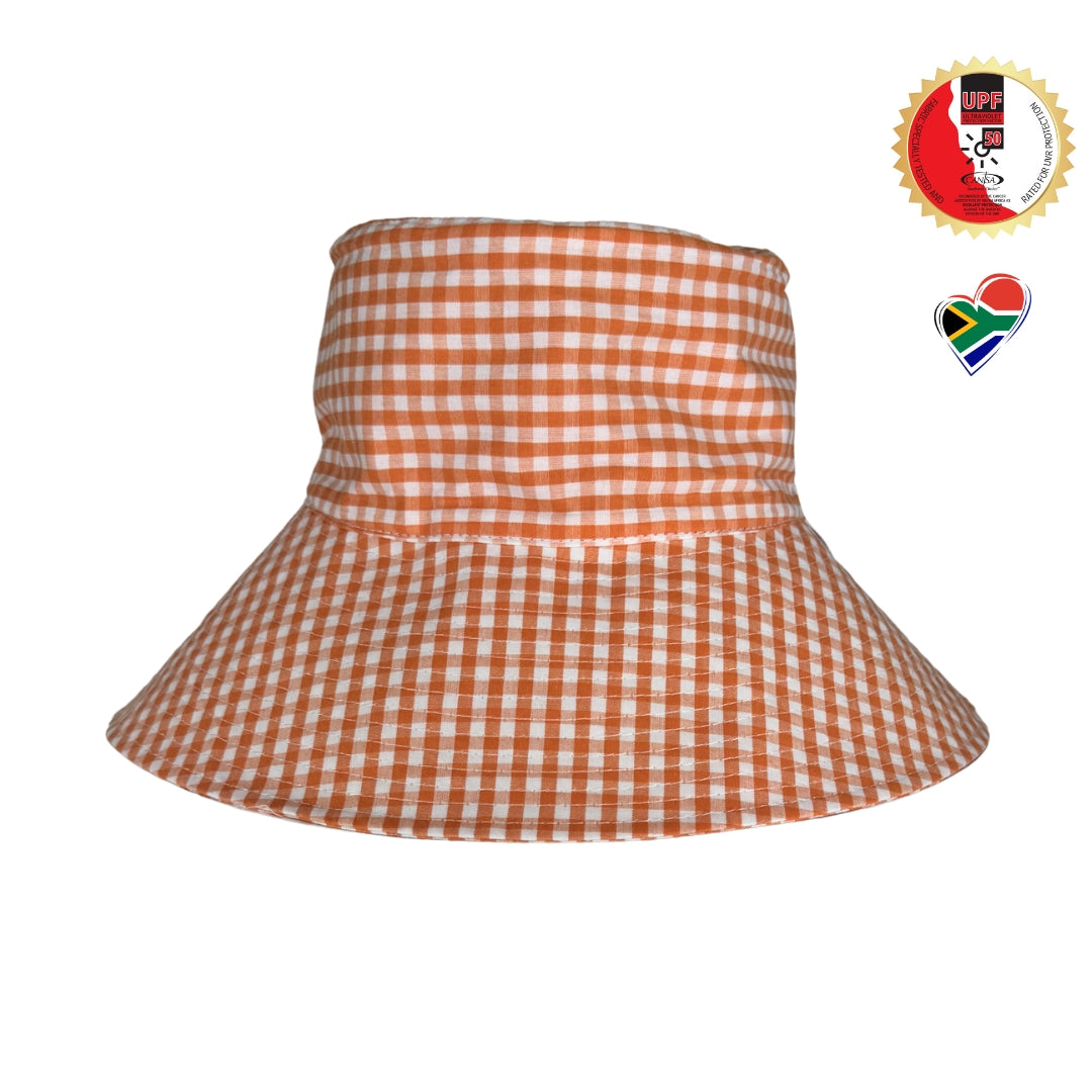 Orange Gingham | Ultra Wide Brim Bucket Hat