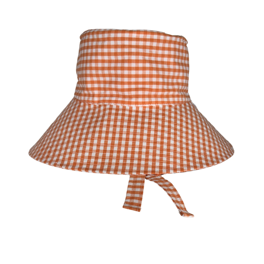 Gingham Ladies Bucket Hat - Ultra Wide Brim - Orange