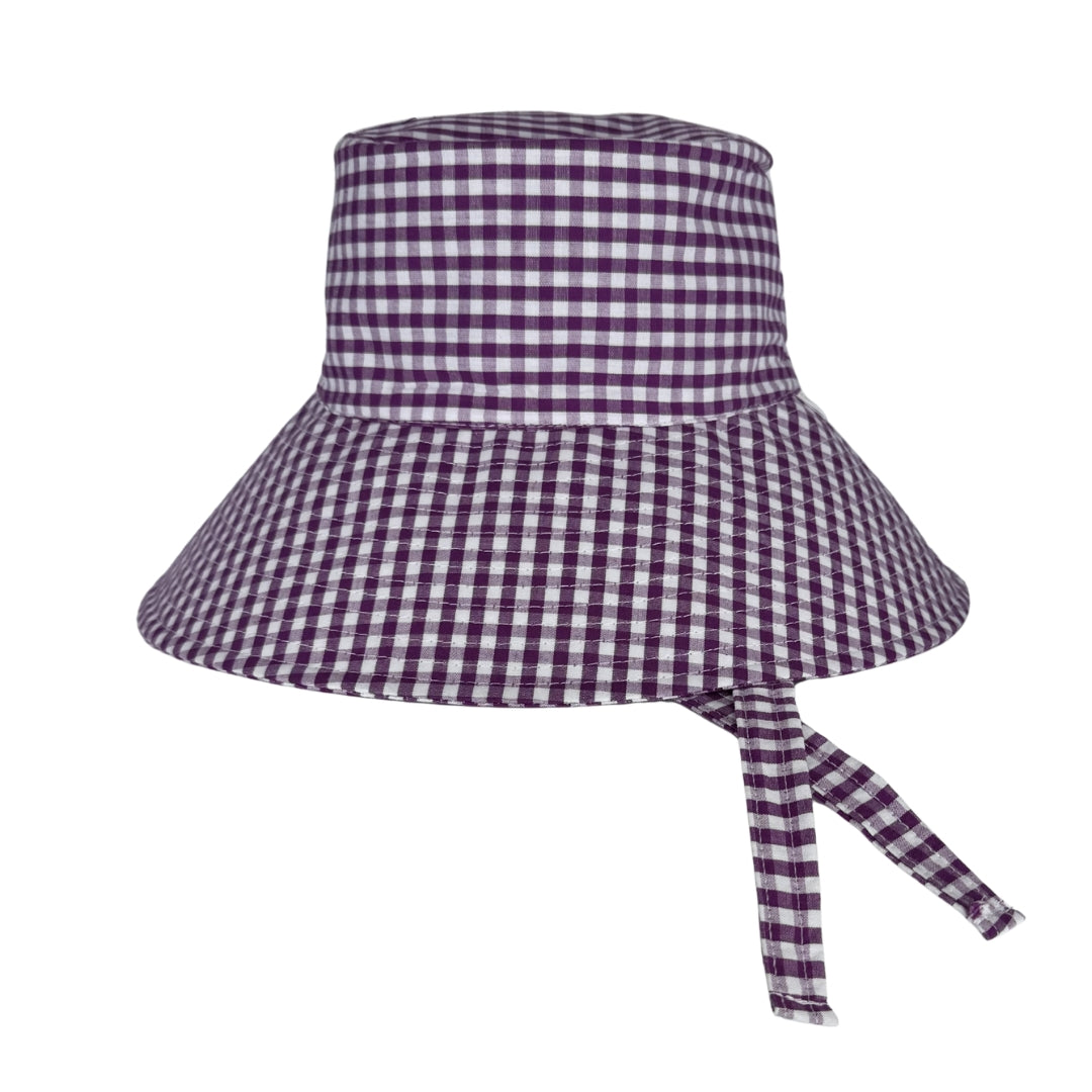 Gingham Ladies Bucket Hat - Ultra Wide Brim - Purple