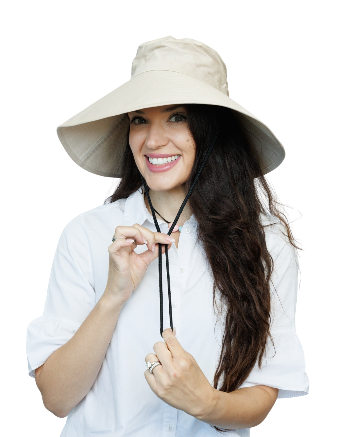 Beige Chin Strap| Ladies Ultra Wide Brim Bucket Hat