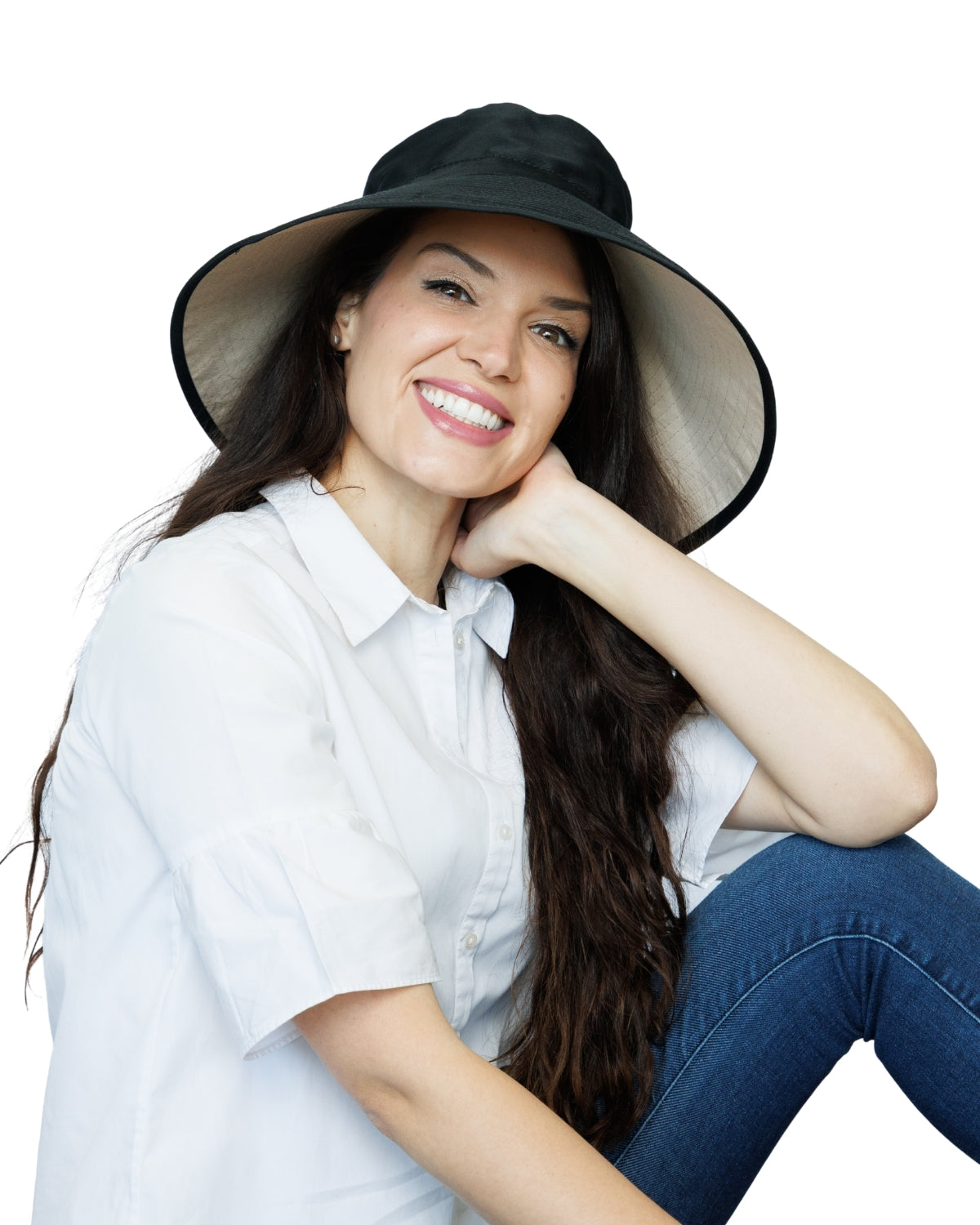 Black/Beige | Ladies Ultra Wide Brim Bucket Hat