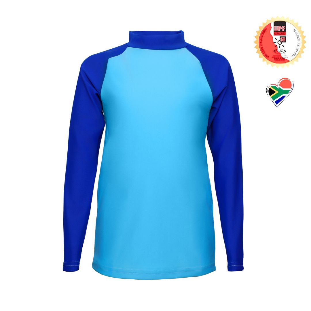 Boys Blue Rash Vest. Swim wear. Swim apparel. Long Sleeves, High Neck, UPF50+ Sun protection. Dermatologist approved