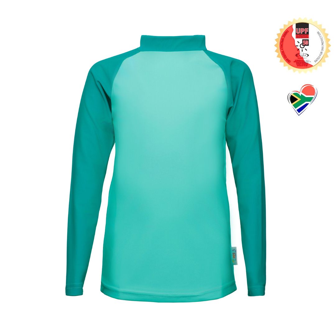 Boys Green Blue Rash Vest. Swim wear. Swim apparel. Long Sleeves, High Neck, UPF50+ Sun protection. Dermatologist approved
