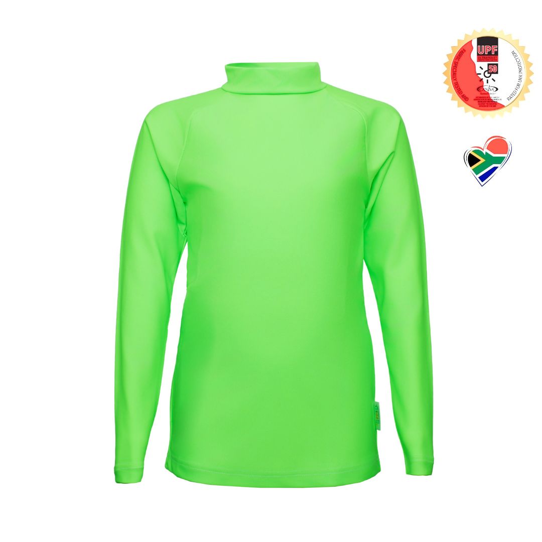Kids Bright Neon Rash Vest. Spot your kids in water. Swim wear. Swim apparel. Long Sleeves, High Neck, UPF50+ Sun protection. Dermatologist approved