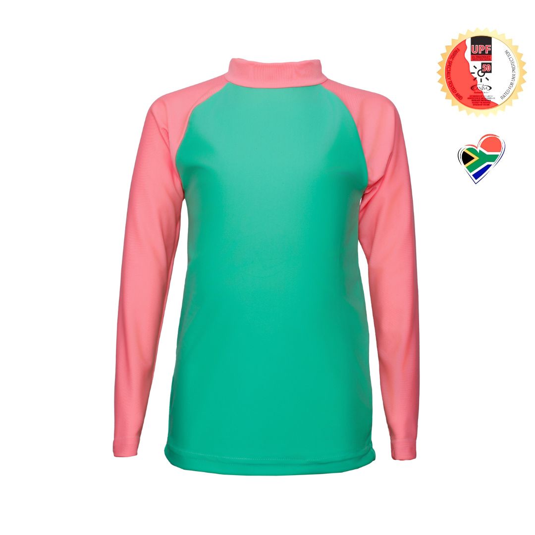 Girls Pink Green Rash Vest. Swim wear. Swim apparel. Long Sleeves, High Neck, UPF50+ Sun protection. Dermatologist approved