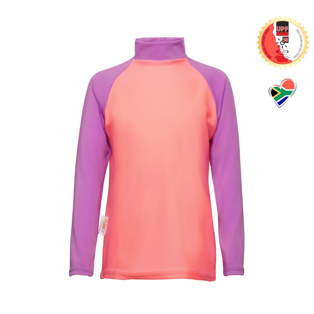 Girls Pink Rash Vest. Swim wear. Swim apparel. Long Sleeves, High Neck, UPF50+ Sun protection. Dermatologist approved