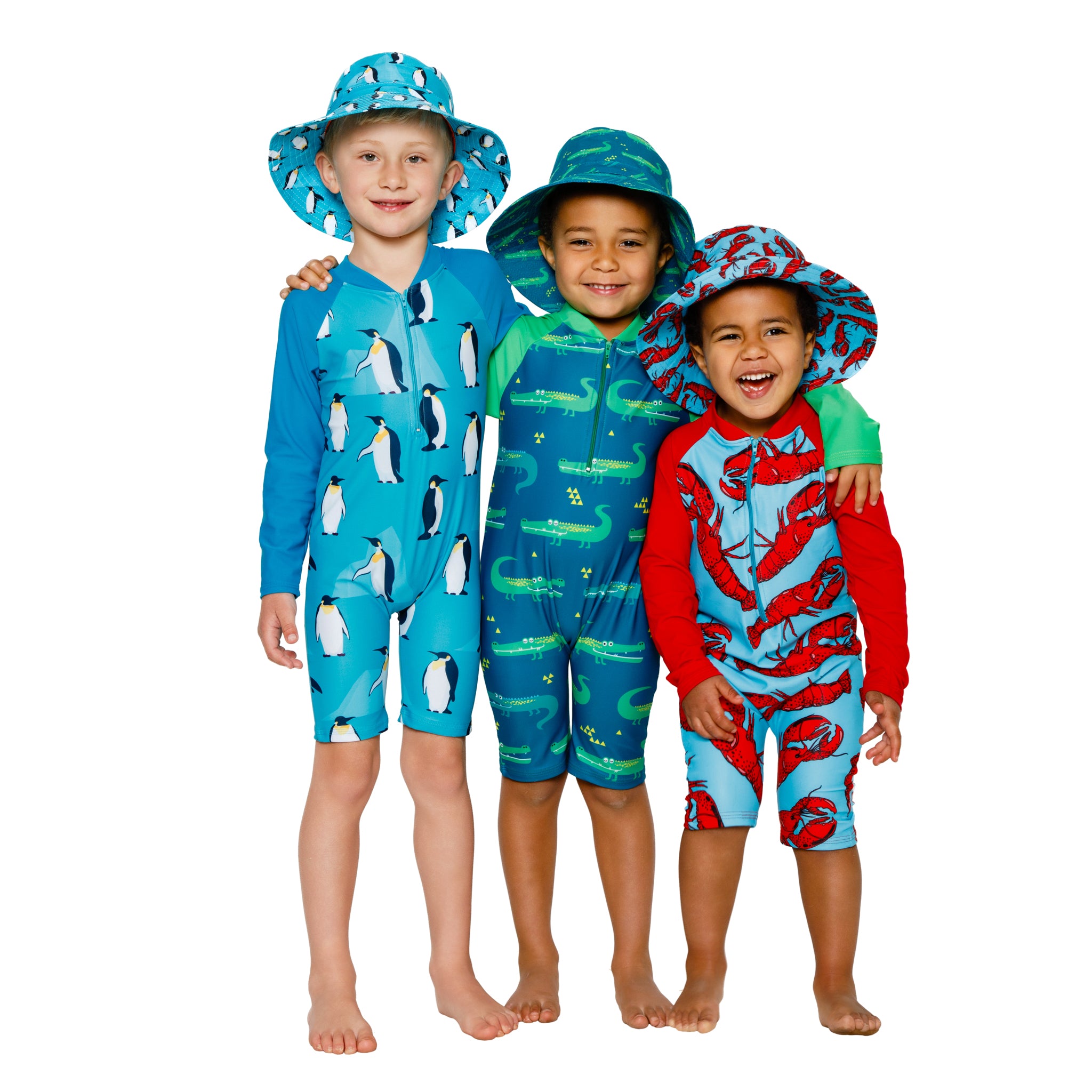 Crocodiles Onesie in bright vibrant colours. Long sleeves, high neck cover. UPF50+ certified. Front zip. Dermatologist approved