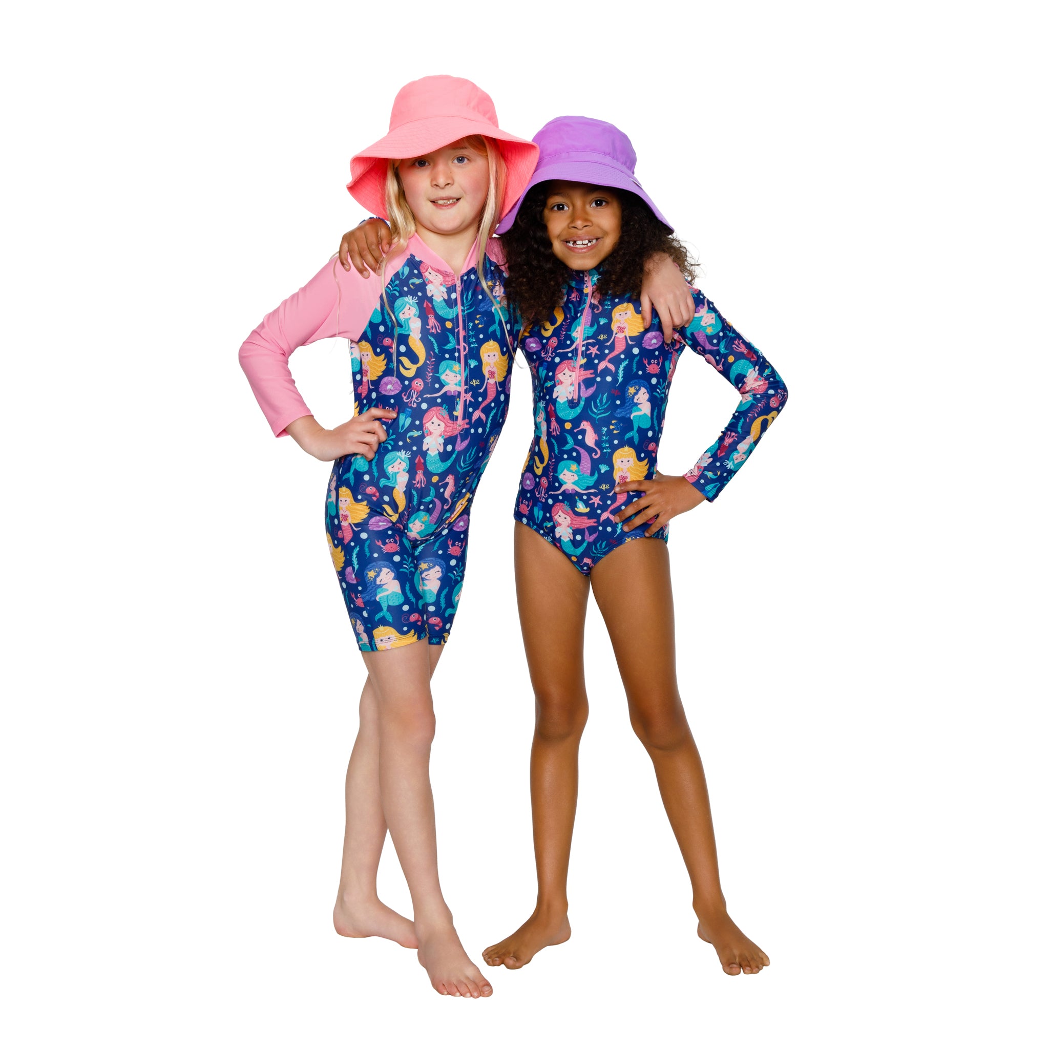 Girls Toddler Mermaid Swim Onesue Bathing Suit in bright vibrant colours. Long sleeves, high neck cover. UPF50+ certified. Front zip. Dermatologist approved